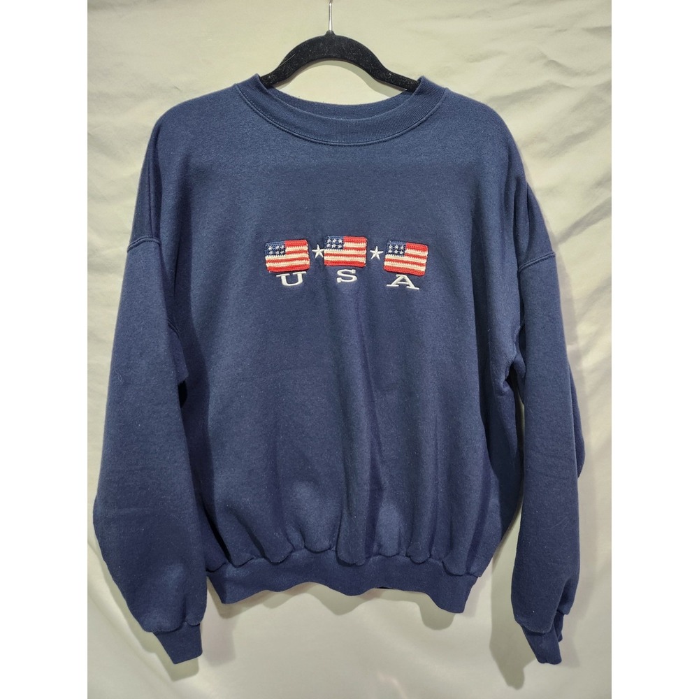 VTG USA Flag &‎ Star Embroidered Navy Sweatshirt Patriotic Olympics Theme XL